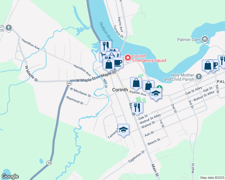 map of restaurants, bars, coffee shops, grocery stores, and more near 222 Center Street in Corinth