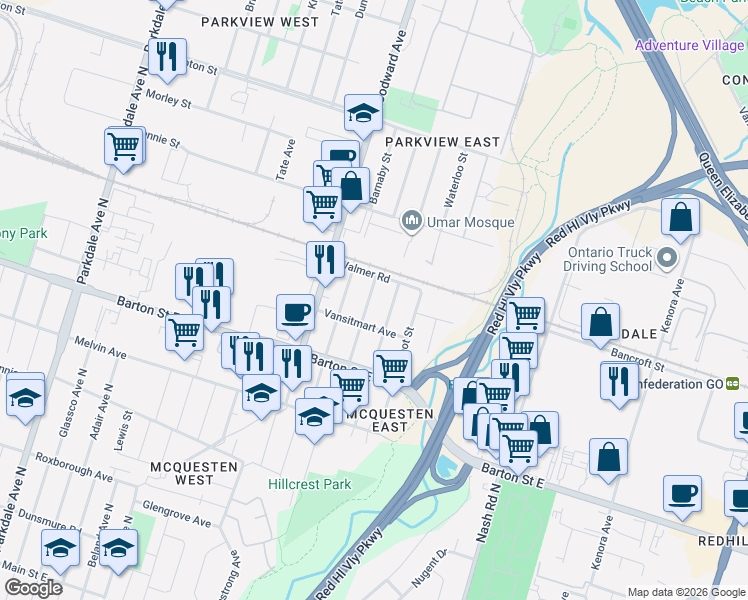 map of restaurants, bars, coffee shops, grocery stores, and more near 439 Brunswick Street in Hamilton
