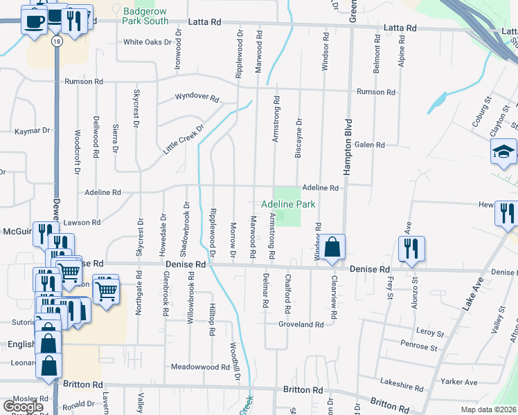 map of restaurants, bars, coffee shops, grocery stores, and more near 147 Armstrong Road in Rochester