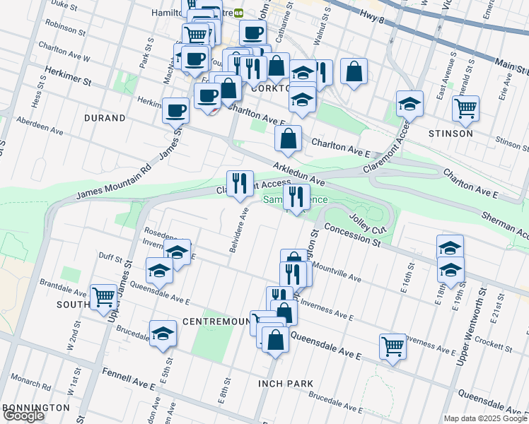 map of restaurants, bars, coffee shops, grocery stores, and more near 166 Concession Street in Hamilton