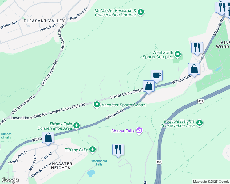 map of restaurants, bars, coffee shops, grocery stores, and more near 1051 Lower Lions Club Road in Hamilton