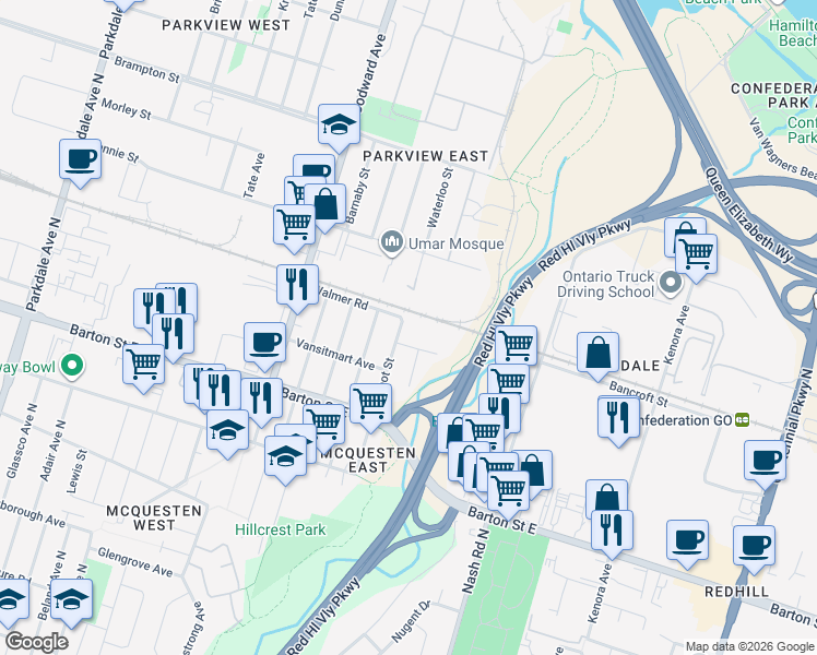 map of restaurants, bars, coffee shops, grocery stores, and more near 442 Talbot Street in Hamilton