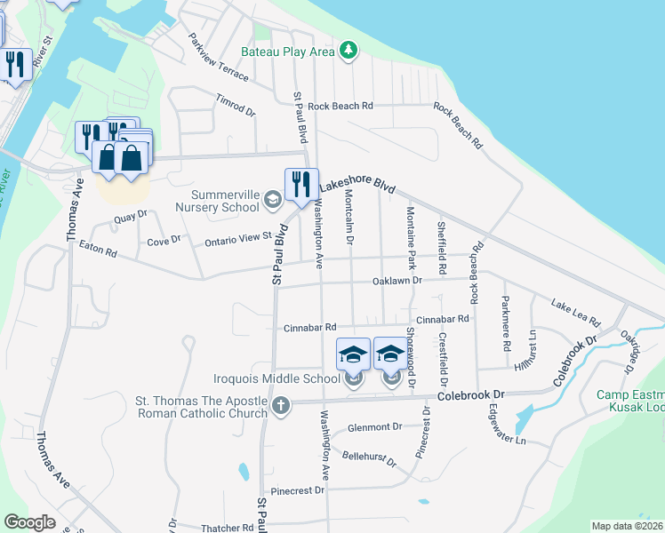 map of restaurants, bars, coffee shops, grocery stores, and more near 498 Eaton Road in Rochester