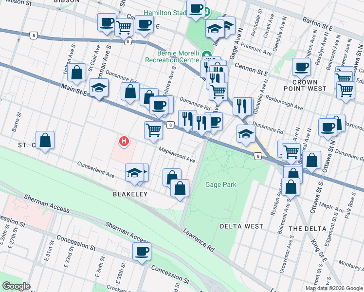 map of restaurants, bars, coffee shops, grocery stores, and more near 948 Main Street East in Hamilton