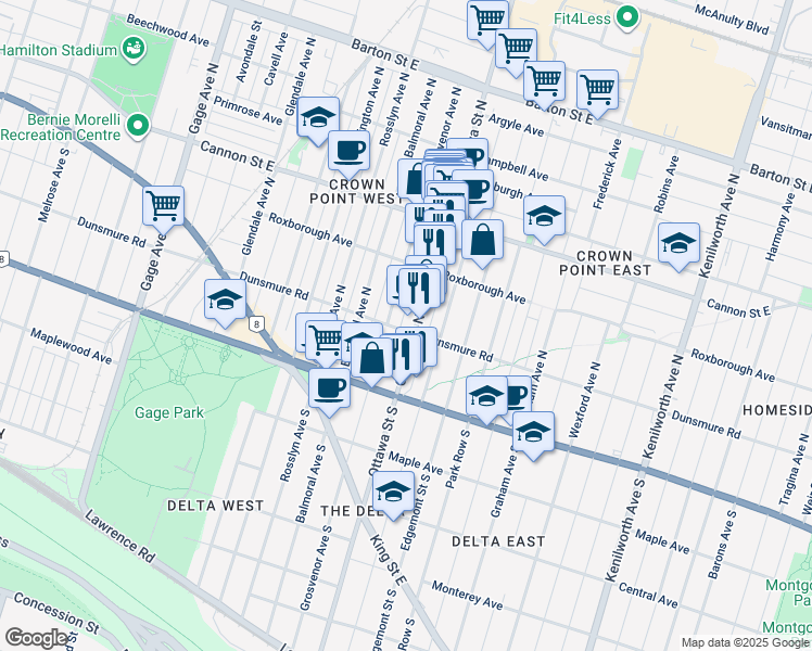 map of restaurants, bars, coffee shops, grocery stores, and more near 463 Dunsmure Road in Hamilton