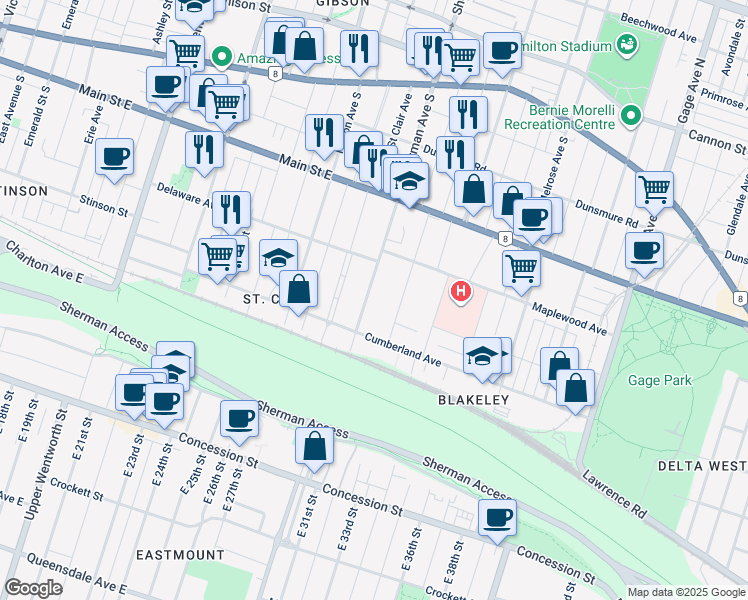 map of restaurants, bars, coffee shops, grocery stores, and more near 227 Sherman Avenue South in Hamilton