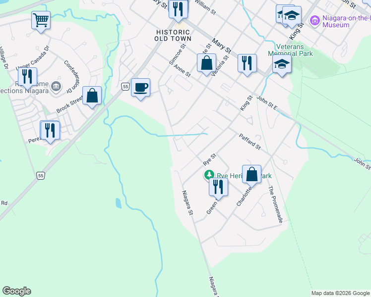 map of restaurants, bars, coffee shops, grocery stores, and more near 689 King Street in Niagara-on-the-Lake