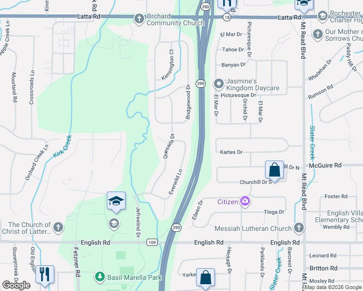 map of restaurants, bars, coffee shops, grocery stores, and more near 242 Everwild Lane in Rochester