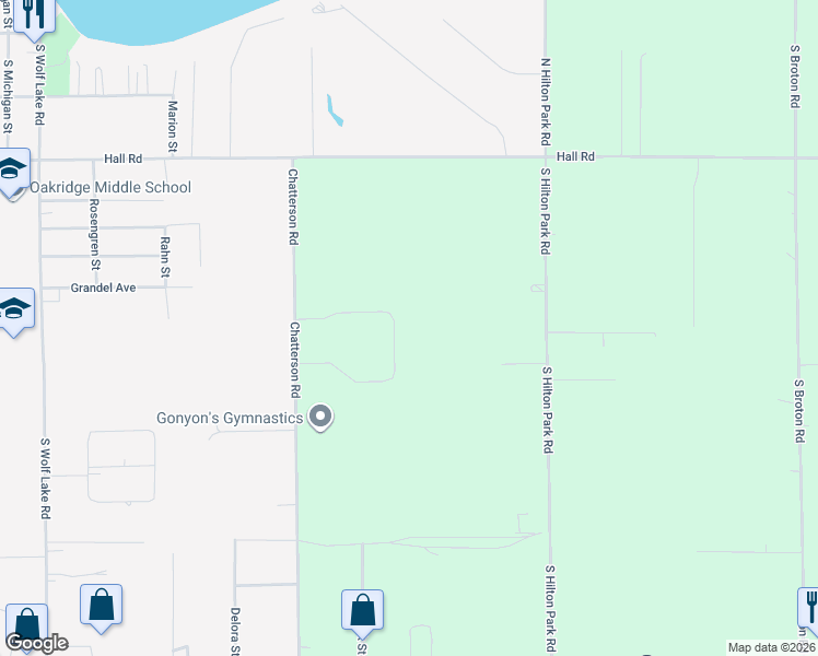 map of restaurants, bars, coffee shops, grocery stores, and more near 407 South Hilton Park Road in Muskegon