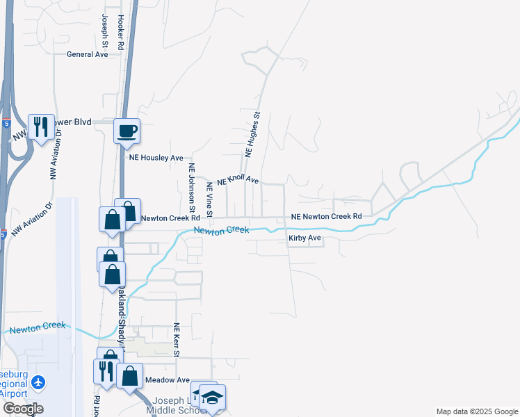 map of restaurants, bars, coffee shops, grocery stores, and more near 3047 Northeast Hughes Street in Roseburg