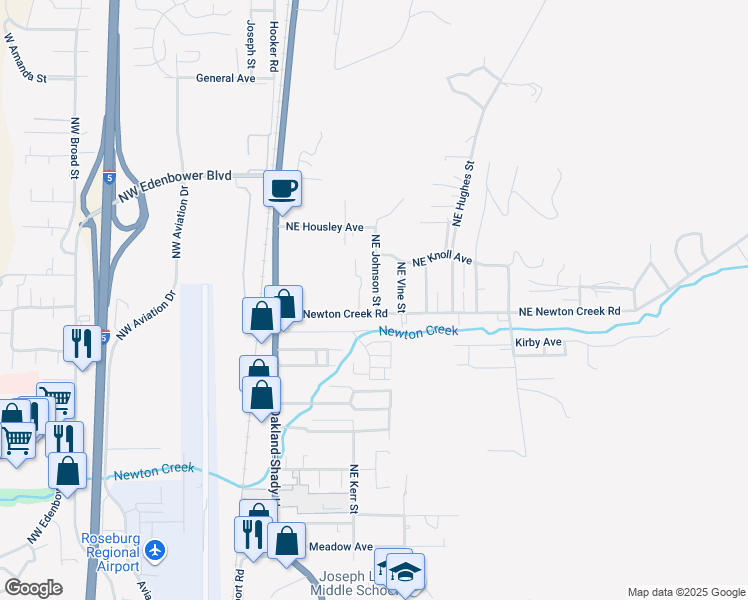 map of restaurants, bars, coffee shops, grocery stores, and more near 3042 Northeast Vine Street in Roseburg