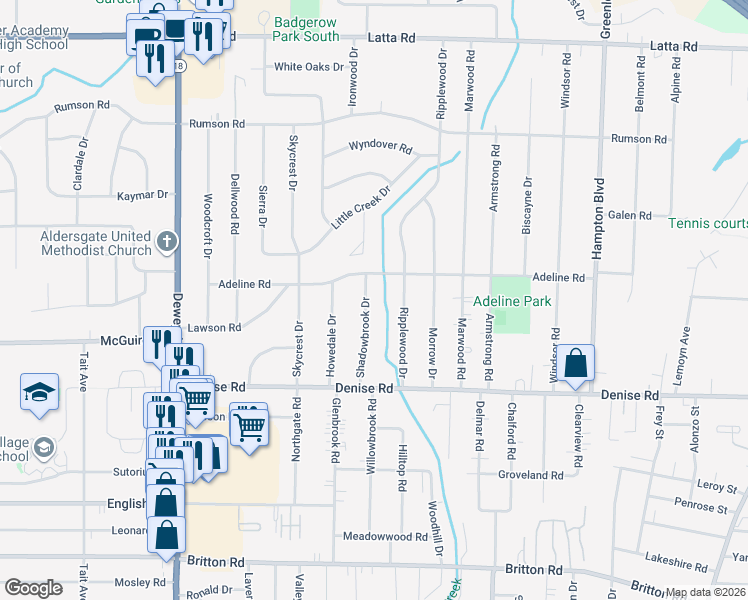 map of restaurants, bars, coffee shops, grocery stores, and more near 152 Shadowbrook Drive in Rochester