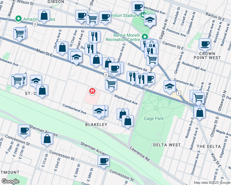 map of restaurants, bars, coffee shops, grocery stores, and more near 176 Prospect Street South in Hamilton