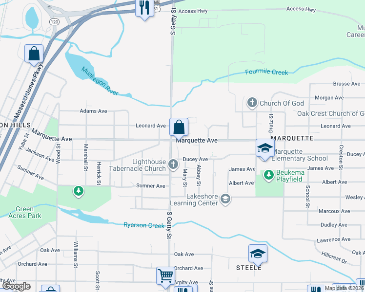 map of restaurants, bars, coffee shops, grocery stores, and more near 851 Marquette Avenue in Muskegon