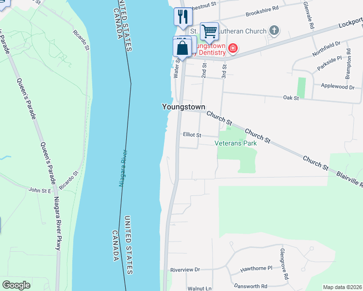 map of restaurants, bars, coffee shops, grocery stores, and more near 720 Main Street in Youngstown