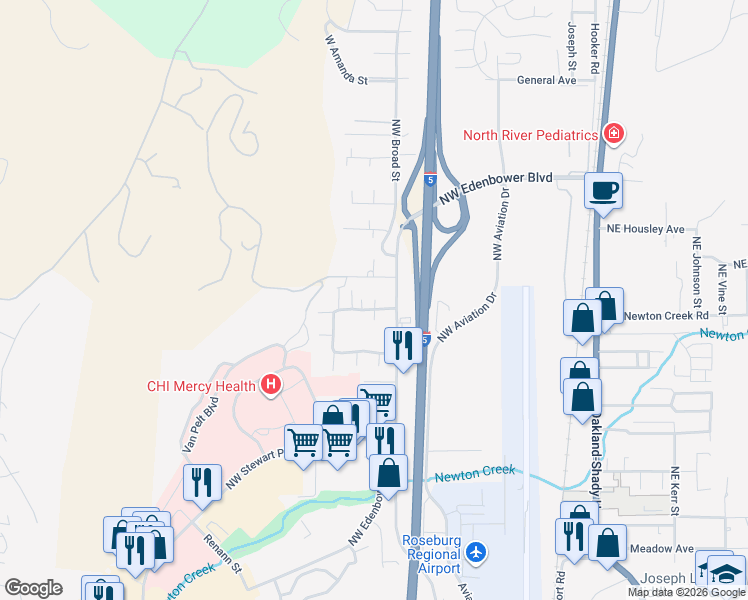 map of restaurants, bars, coffee shops, grocery stores, and more near 577 Northwest Plateau Drive in Roseburg