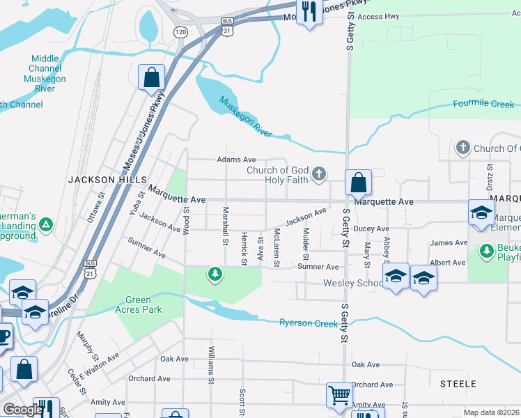 map of restaurants, bars, coffee shops, grocery stores, and more near 585 Marquette Avenue in Muskegon