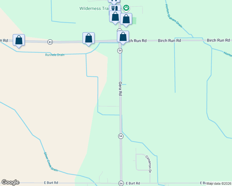 map of restaurants, bars, coffee shops, grocery stores, and more near 12400 Gera Road in Birch Run