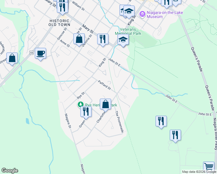map of restaurants, bars, coffee shops, grocery stores, and more near 59 Paffard Street in Niagara-on-the-Lake