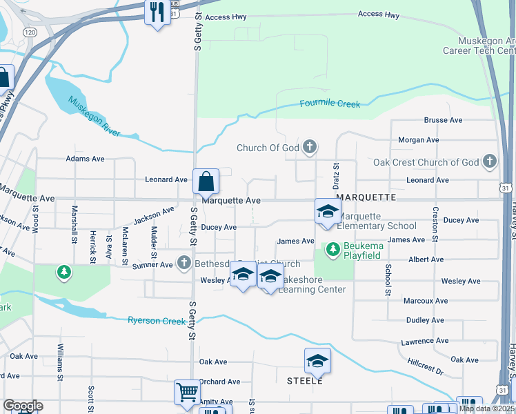 map of restaurants, bars, coffee shops, grocery stores, and more near 24 Lighton Drive in Muskegon
