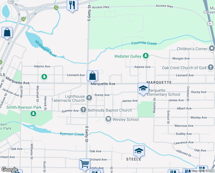 map of restaurants, bars, coffee shops, grocery stores, and more near 885 Marquette Avenue in Muskegon