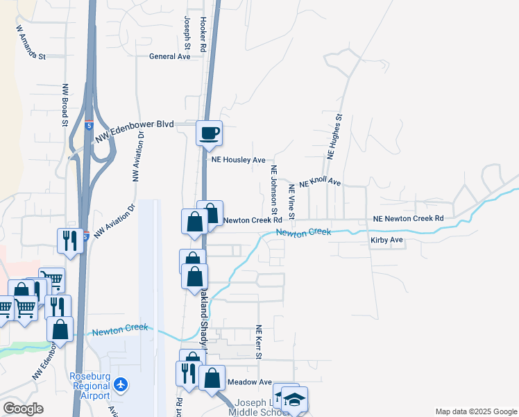map of restaurants, bars, coffee shops, grocery stores, and more near 132 Northeast Sawyers Lane in Roseburg
