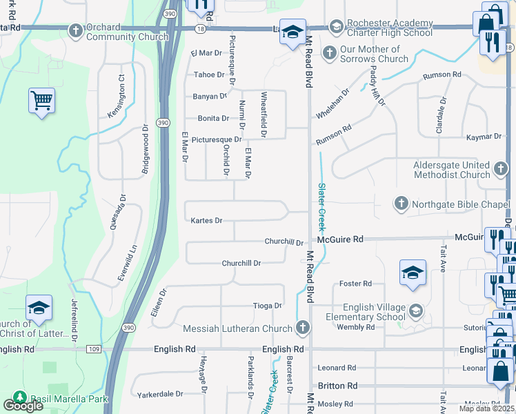 map of restaurants, bars, coffee shops, grocery stores, and more near 87 Kartes Drive in Rochester