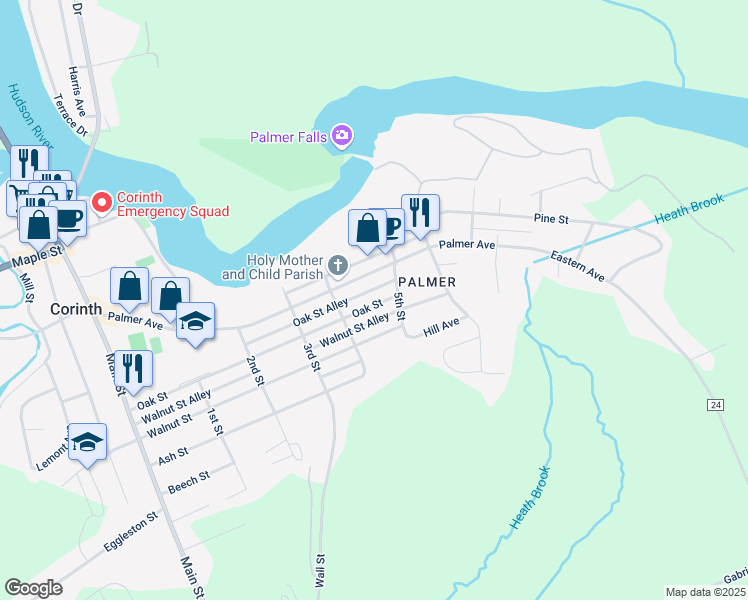 map of restaurants, bars, coffee shops, grocery stores, and more near 415 Oak Street in Corinth