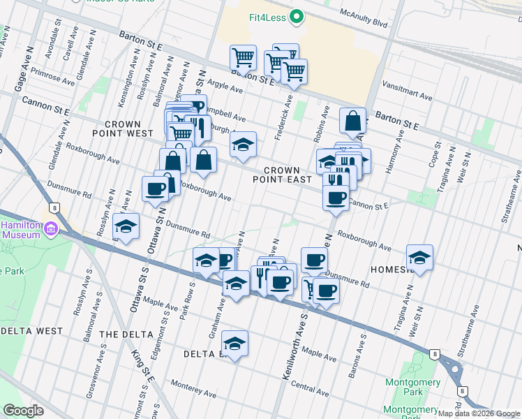 map of restaurants, bars, coffee shops, grocery stores, and more near 276 Roxborough Avenue in Hamilton