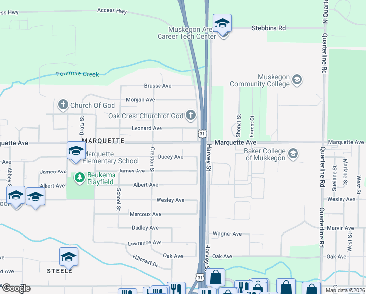 map of restaurants, bars, coffee shops, grocery stores, and more near 1517 Marquette Avenue in Muskegon