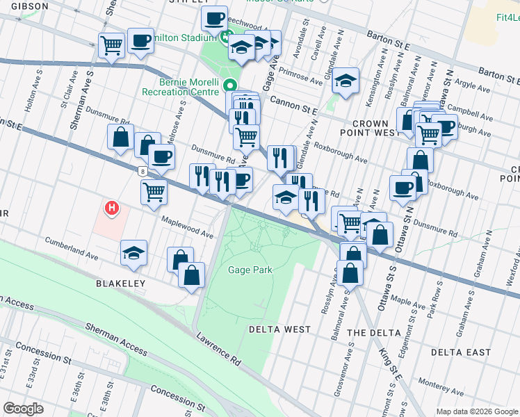 map of restaurants, bars, coffee shops, grocery stores, and more near 50 Hilda Avenue in Hamilton