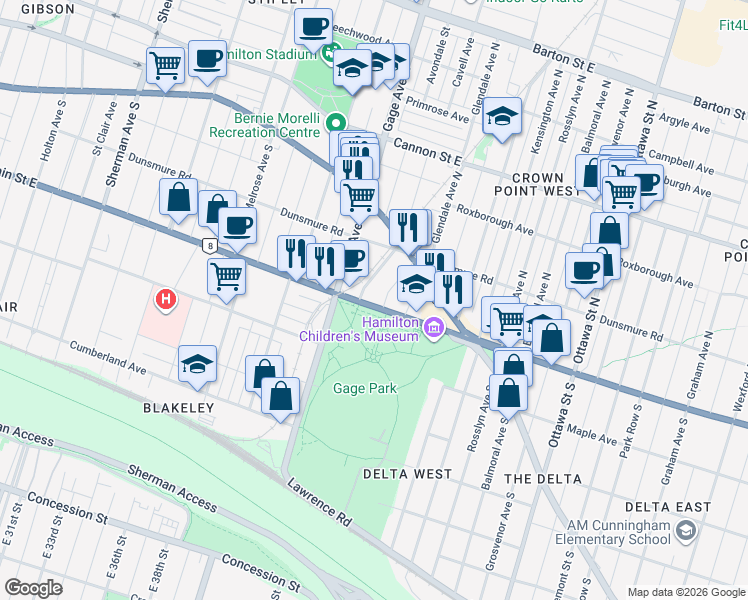 map of restaurants, bars, coffee shops, grocery stores, and more near 995 Main Street East in Hamilton