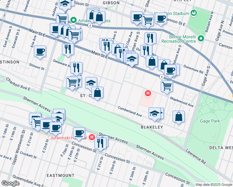 map of restaurants, bars, coffee shops, grocery stores, and more near 201 Saint Clair Boulevard in Hamilton