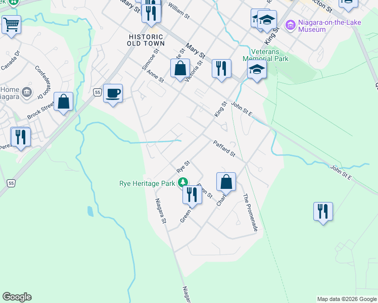 map of restaurants, bars, coffee shops, grocery stores, and more near 625 Rye Street in Niagara-on-the-Lake