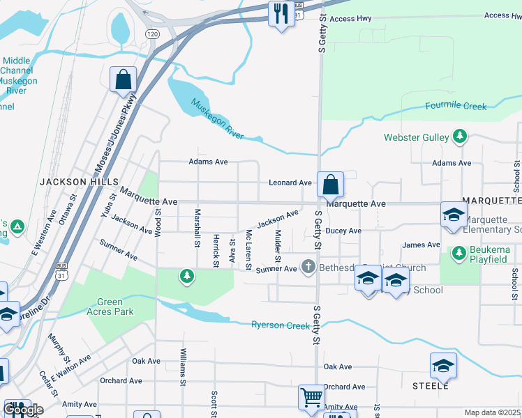 map of restaurants, bars, coffee shops, grocery stores, and more near 655 Marquette Avenue in Muskegon