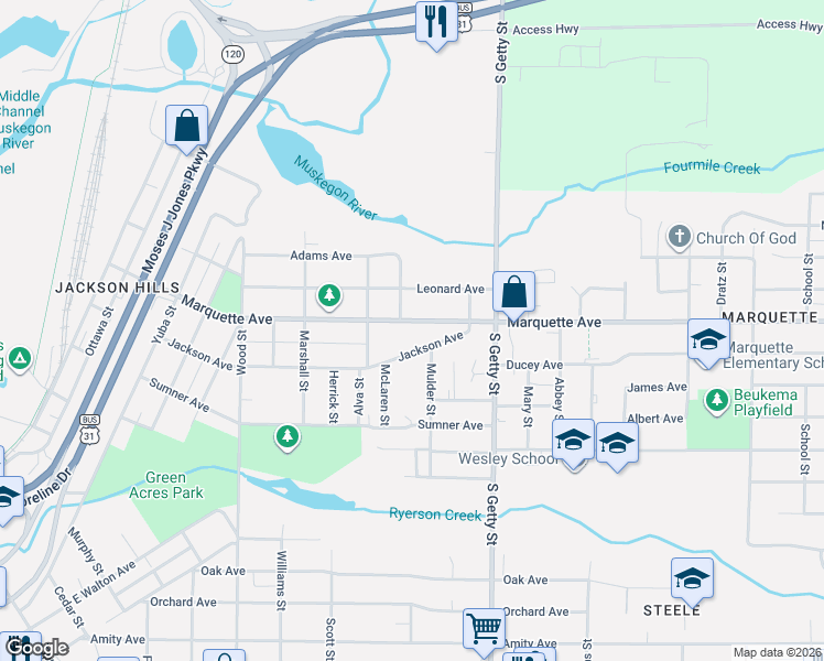 map of restaurants, bars, coffee shops, grocery stores, and more near 655 Marquette Avenue in Muskegon