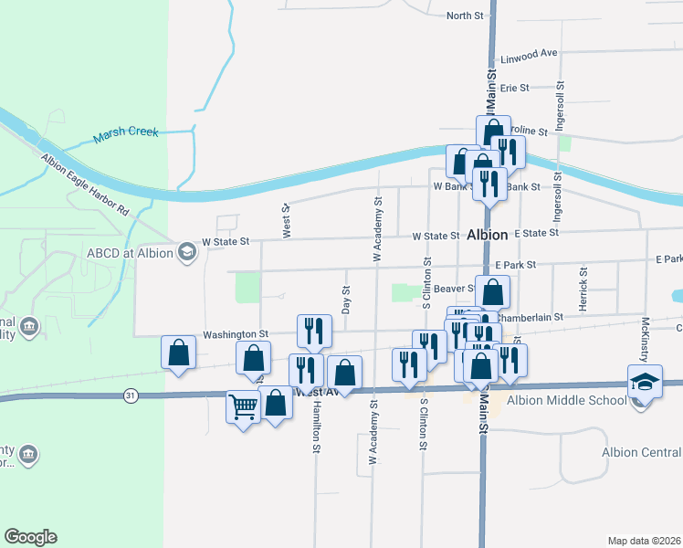 map of restaurants, bars, coffee shops, grocery stores, and more near 328 West Park Street in Albion