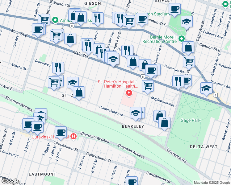 map of restaurants, bars, coffee shops, grocery stores, and more near 77 Blake Street in Hamilton
