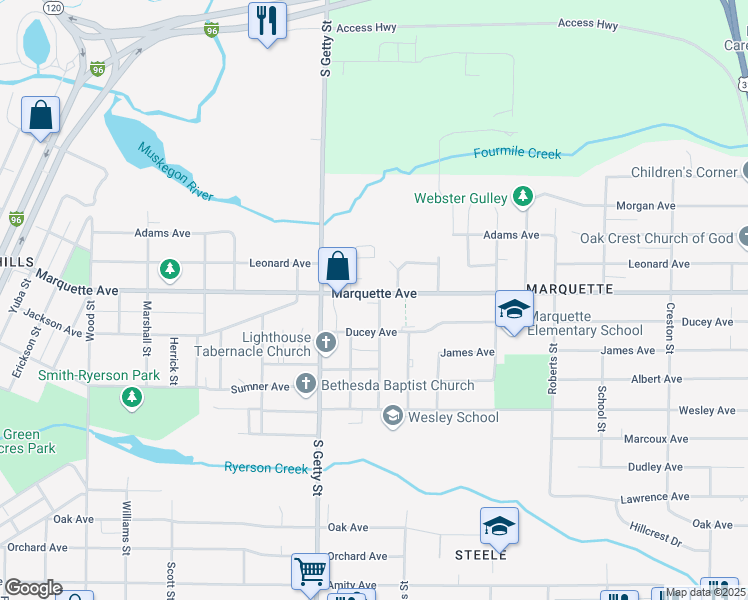 map of restaurants, bars, coffee shops, grocery stores, and more near 885 Marquette Avenue in Muskegon