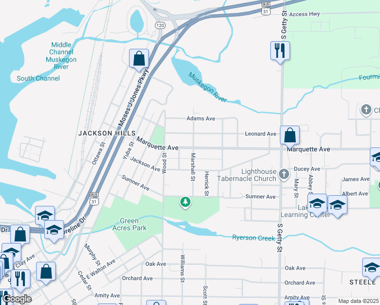 map of restaurants, bars, coffee shops, grocery stores, and more near 479 Marquette Avenue in Muskegon