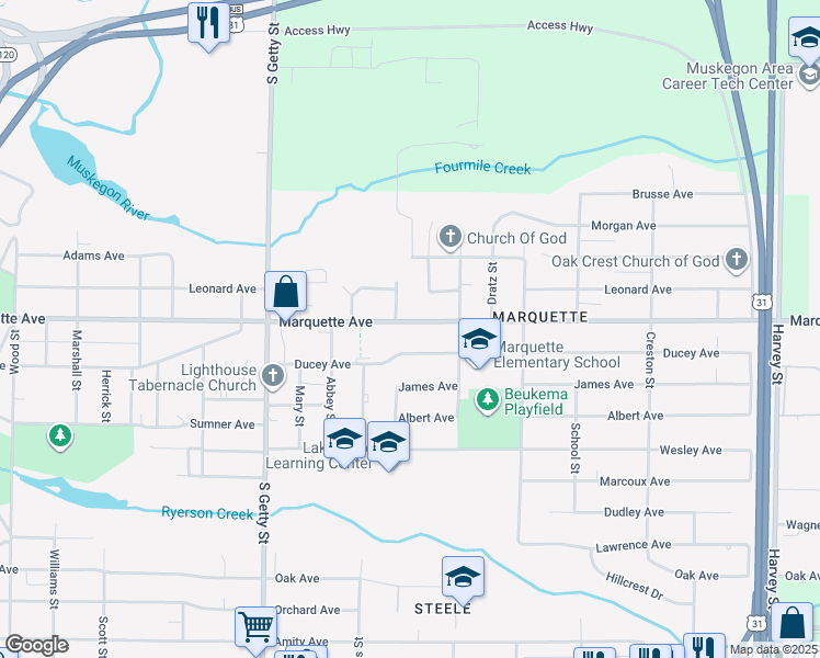 map of restaurants, bars, coffee shops, grocery stores, and more near 1023 Marquette Avenue in Muskegon