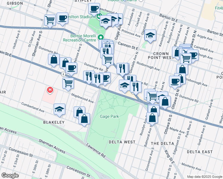 map of restaurants, bars, coffee shops, grocery stores, and more near 991 Main Street East in Hamilton
