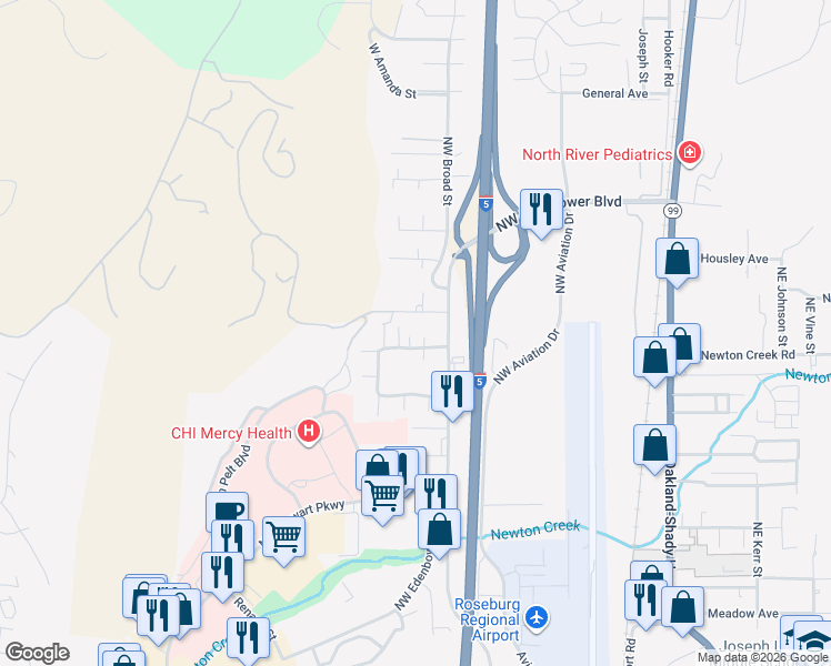 map of restaurants, bars, coffee shops, grocery stores, and more near 577 Northwest Plateau Drive in Roseburg