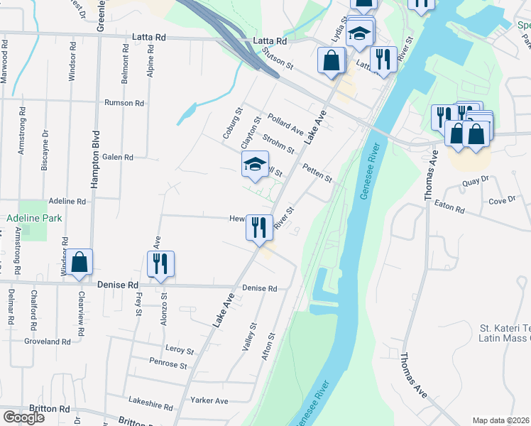 map of restaurants, bars, coffee shops, grocery stores, and more near 30 Hewitt Street in Rochester