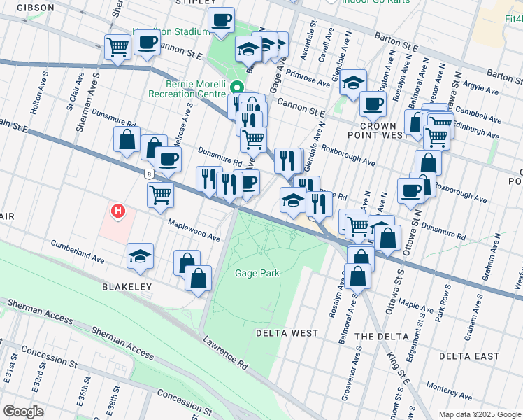 map of restaurants, bars, coffee shops, grocery stores, and more near 991 Main Street East in Hamilton