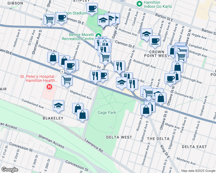 map of restaurants, bars, coffee shops, grocery stores, and more near 991 Main Street East in Hamilton