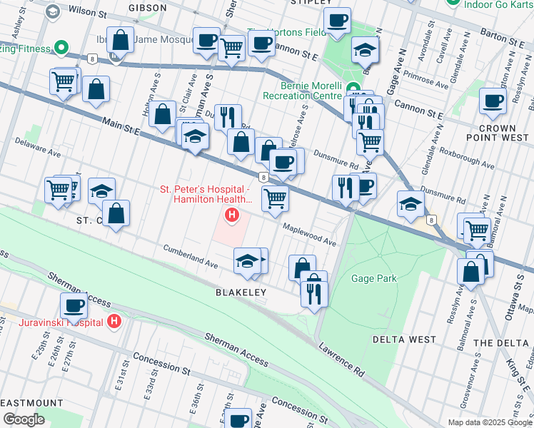 map of restaurants, bars, coffee shops, grocery stores, and more near 176 Prospect Street South in Hamilton