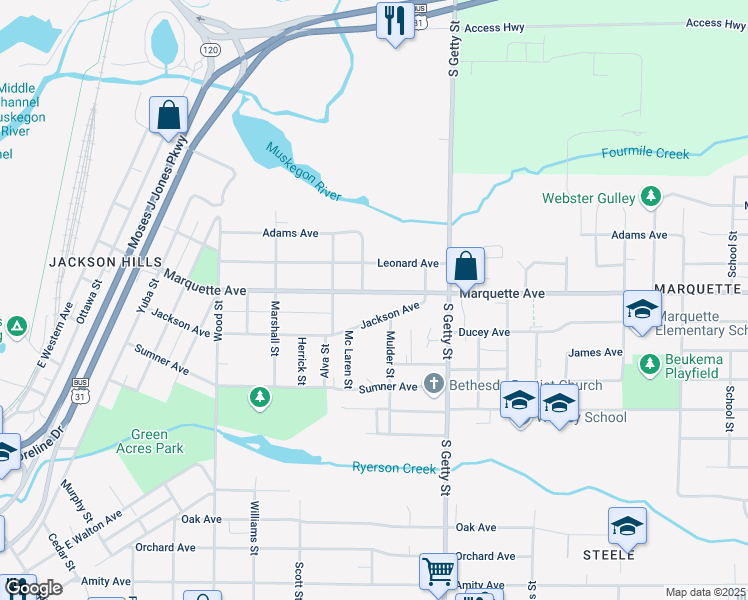 map of restaurants, bars, coffee shops, grocery stores, and more near 655 Marquette Avenue in Muskegon