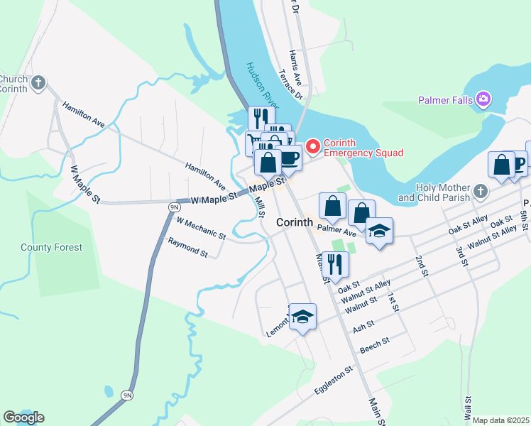 map of restaurants, bars, coffee shops, grocery stores, and more near 215 Mill Street in Corinth