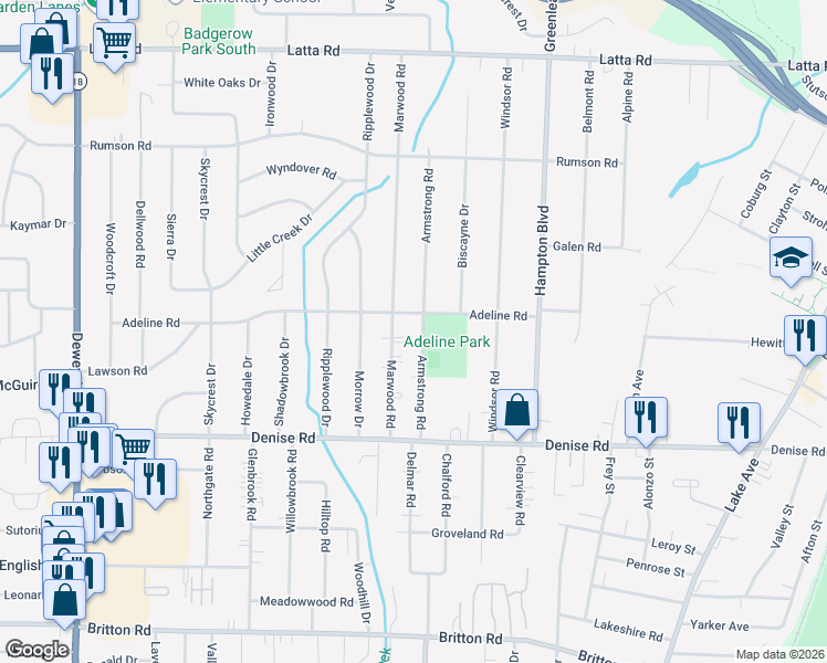 map of restaurants, bars, coffee shops, grocery stores, and more near 147 Armstrong Road in Rochester